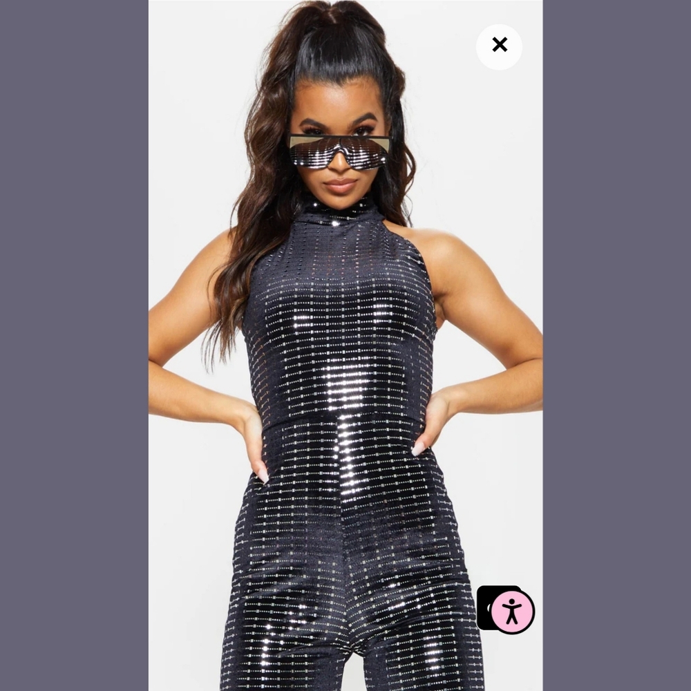 NWT PLT Black Sequin Mirror Velvet Halterneck Jumpsuit - Picture 6 of 10